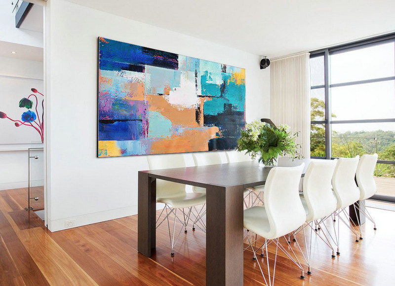 Large Abstract Art Handmade Oil Painting,Horizontal Palette Knife Contemporary Art Panoramic Canvas Painting,Extra Large Canvas Painting,White,Lake Blue,Blue,Black,Earthy Yellow.etc